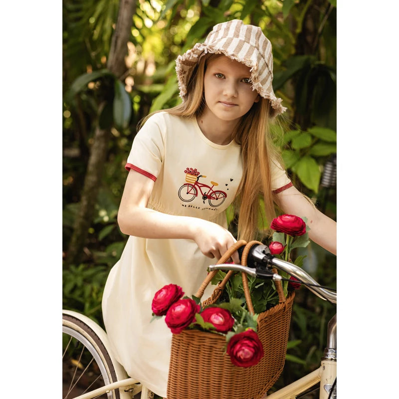 Bicycle Print Sibling Matching Outfits, Cream Girls Dresses and Tops with Red Skirts, Boys Green Shorts and Baby Rompers for Family Photos