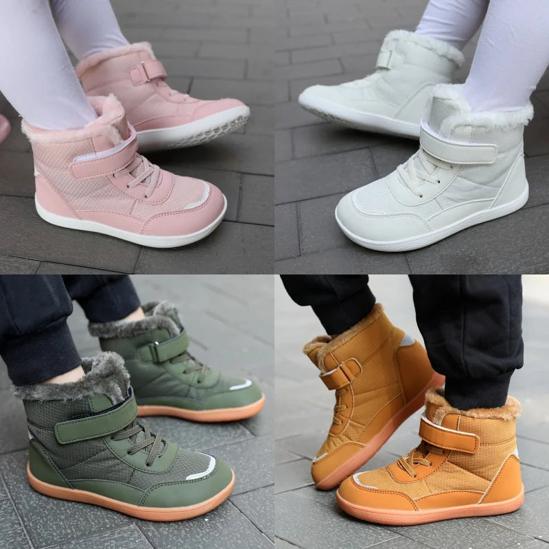 Wide Toe Winter Boots for Kids, Barefoot-Style High-Top Shoes with Cozy Lined Styling and Strap Options for Boys and Girls Cold-Weather Outfits