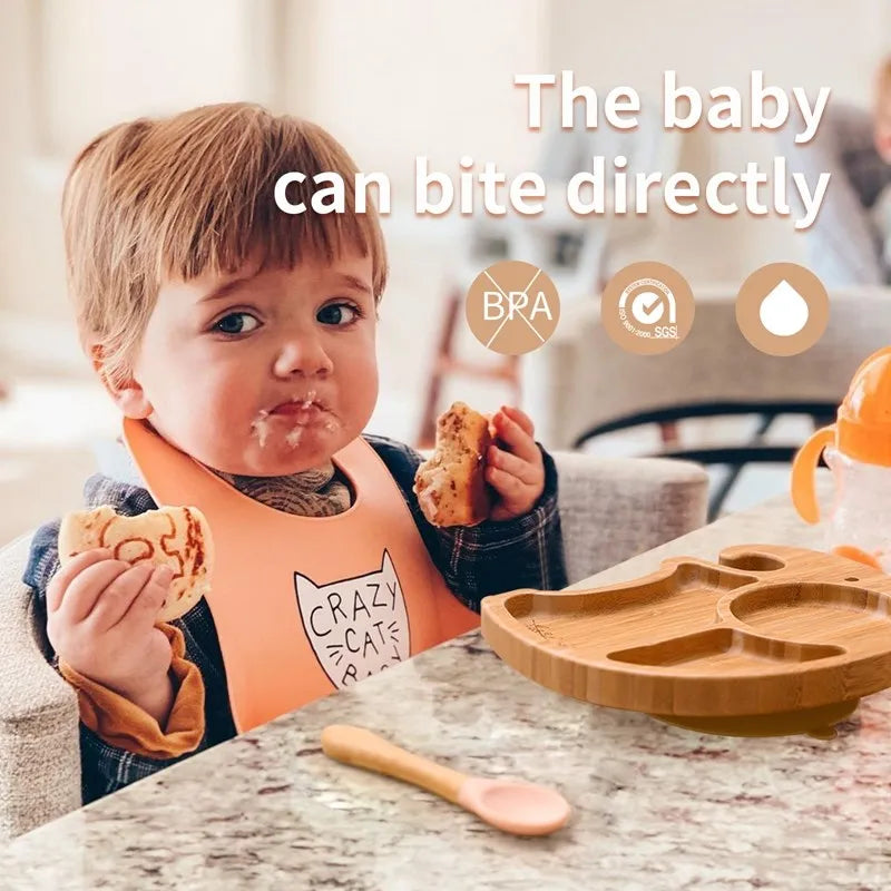 Bamboo Baby Tableware Set with Animal Plate Designs, Bowl, Cup and Wooden-Handle Utensil Options for Supervised Infant and Toddler Mealtimes