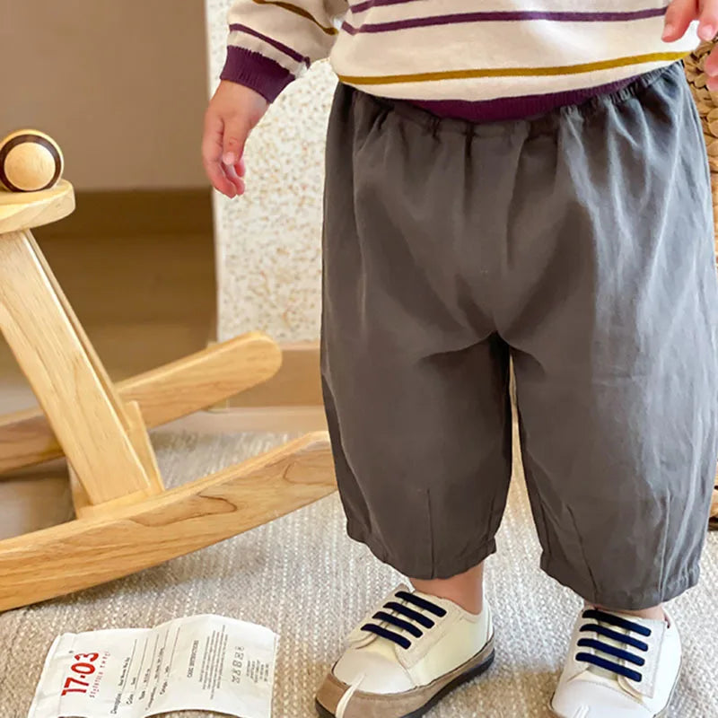 Elastic Waist Toddler Trousers with Loose Legs and Patch Pocket, Neutral Pull-On Pants for Boys and Girls in Beige Khaki and Carbon Gray, Sizes 12M-5T