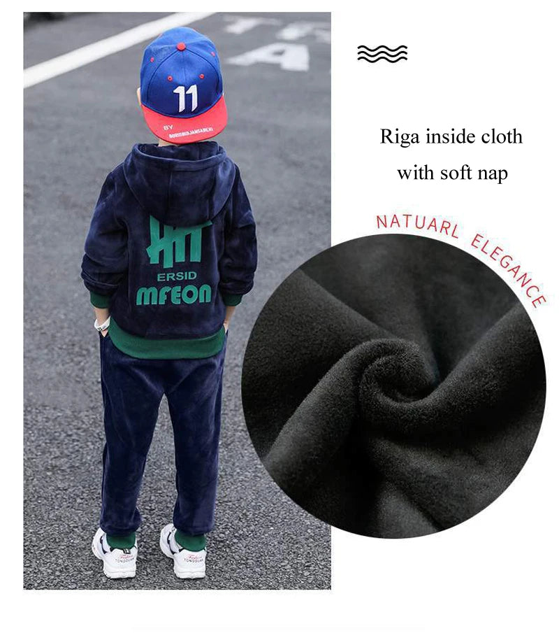 Boys Winter Tracksuit Set with Velvet-Texture Zip-Up Hooded Jacket and Matching Pants, 2-Piece Polyester Outfit for Ages 3-10