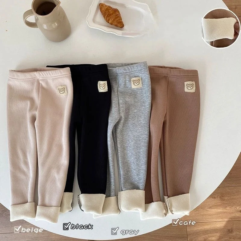 Fleece Lined Leggings for Toddler Girls with Bear Patch, Slim Fit Polyester Pants in Four Neutral Colors, Sizes 12M and 2T–6T for Fall Layering