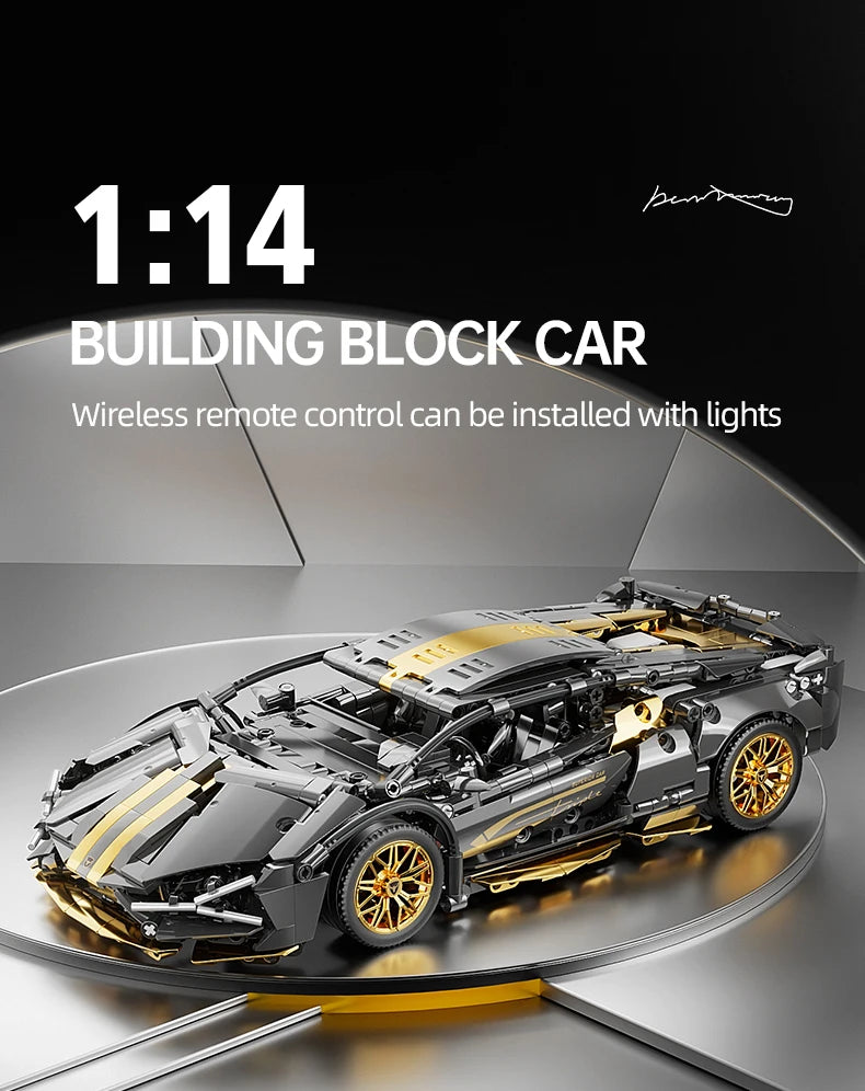 Supercar Building Set, 1280-Piece Black and Gold 1:14 Scale Sports Car Model with Adjustable Rear Wing and Opening Cockpit by KAVOWORLD