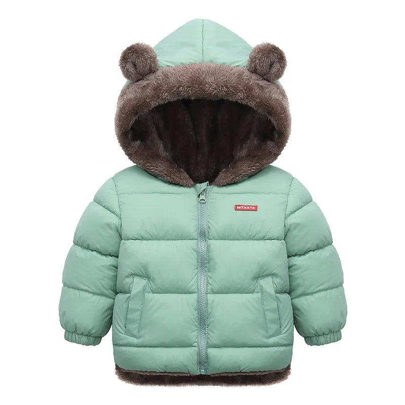 Toddler Bear Ear Hooded Jacket with Plush-Look Lining and Quilted Zip-Up Design, Kids Winter Outerwear for Boys and Girls in Sizes 24M-6T