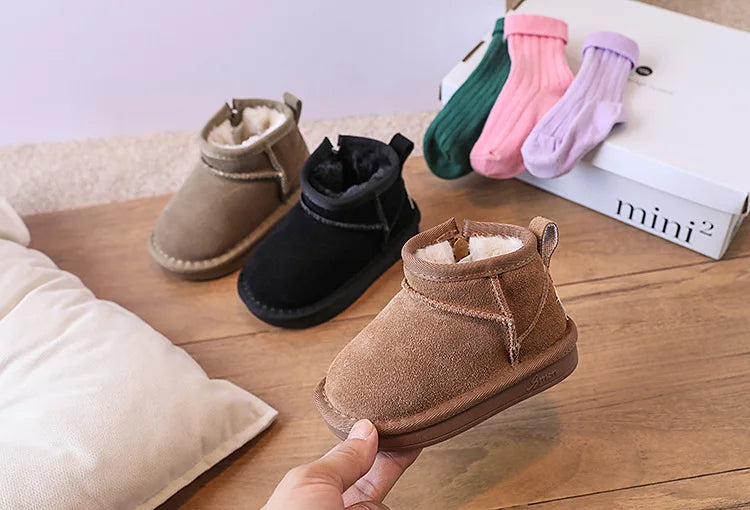 Toddler Plush Winter Booties with Contrast Stitching and Rear Pull Tabs, Camel, Black or Army Green Short Boots for Boys and Girls, Sizes 18-25