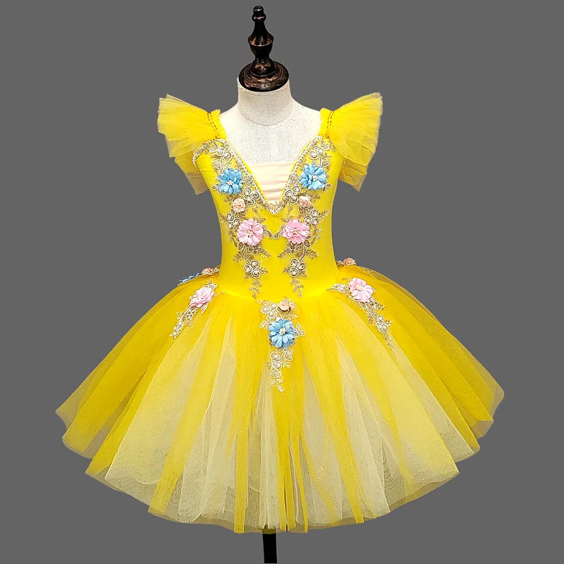 Floral Girls Ballet Tutu Dress with Ruffled Shoulders and Layered Skirt for Dance Recitals, Stage Performances and Group Costumes, Sizes 110-160