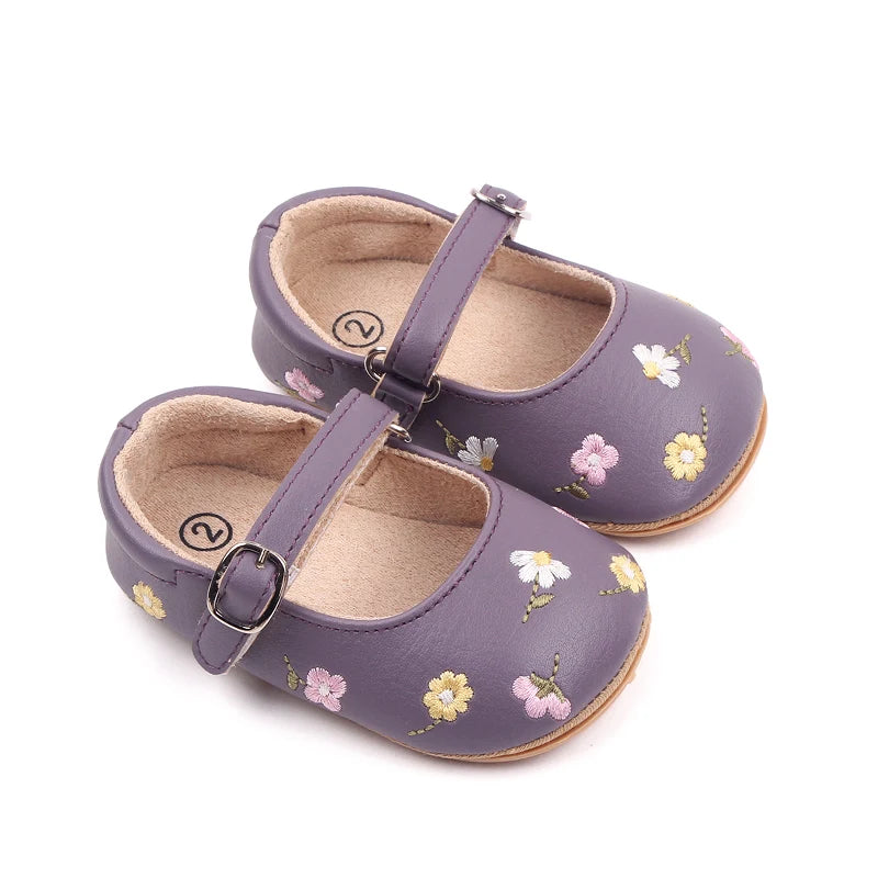 Baby Floral Mary Jane Shoes with Embroidered Flowers, Soft TPR Soles and PU Uppers in Beige Brown or Lavender for Dressy Outfits, Sizes 0-18 Months