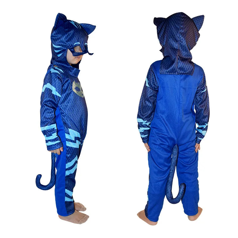 Kids Superhero Jumpsuit Costume with Mask, Blue Red or Green Cartoon Dress-Up Outfit for Halloween, Birthday Parties and Pretend Play