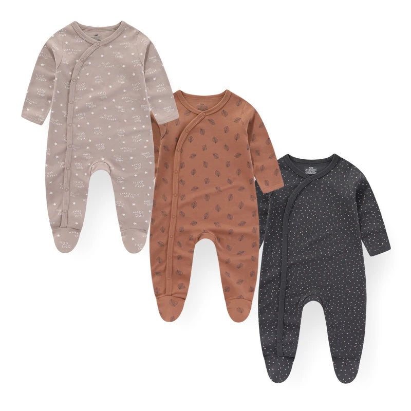 Baby Footed Jumpsuits 3-Pack, 100% Cotton Long Sleeve Cartoon Rompers for Newborn Boys and Girls, Fall and Winter Everyday Outfits