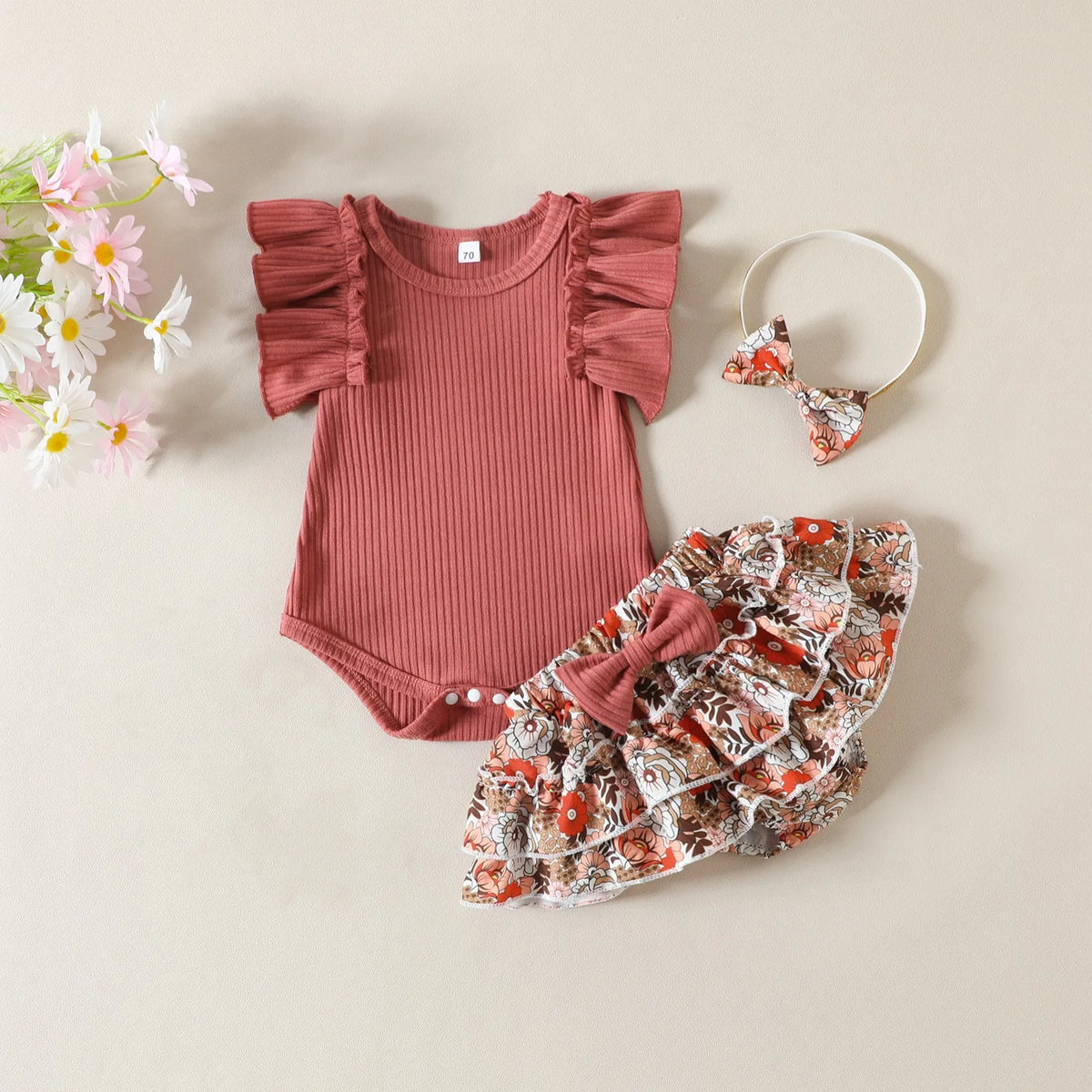 Infant Girls Summer Clothing Set with Ruffle Sleeve Ribbed Romper, Floral Bow Shorts and Matching Headband, 3-Piece Outfit for 0-24 Months