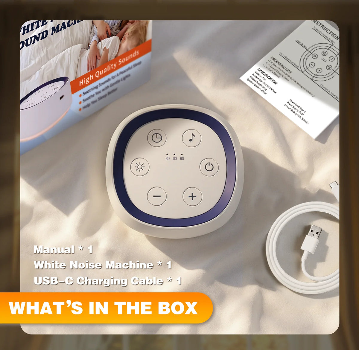 24-Sound White Noise Machine with Warm Breathing Night Light, 30/60/90-Minute Auto-Off Timer and USB Rechargeable Design for Nursery and Travel