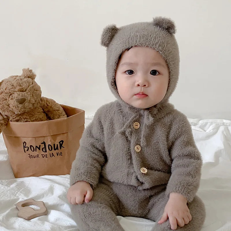 Plush Baby Footed Jumpsuit with Button Front, Bear-Inspired Autumn Winter One-Piece Outfit for Boys and Girls in Four Colors