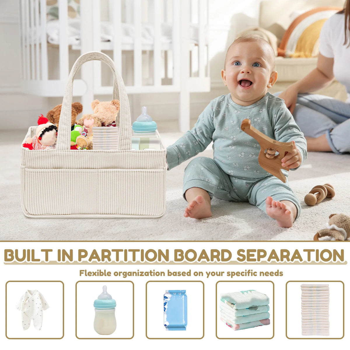 Portable Diaper Caddy Basket in Beige Corduroy with Dividers, Multiple Pockets and Carry Handles for Nursery Organization and Baby Changing Supplies