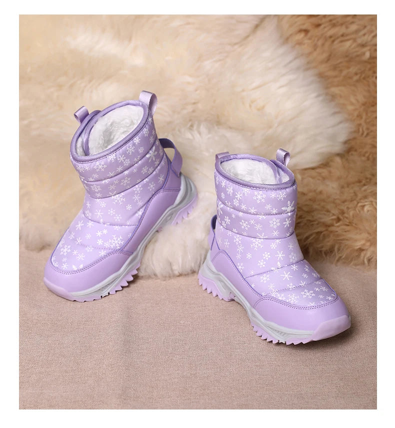Snowflake Print Kids Winter Boots with Padded Shafts, Pull Tabs and Chunky Tread Soles, Pink Snow-Style Footwear for Boys and Girls