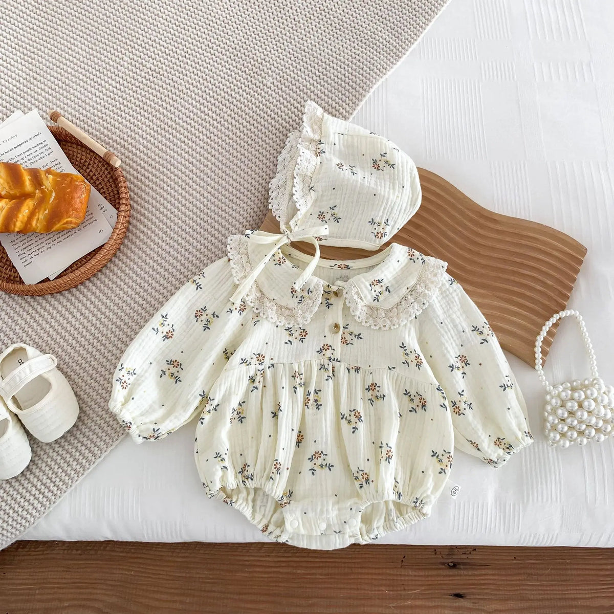 Lace Collar Baby Girl Romper with Bonnet, Cream Floral Long Sleeve Bubble One-Piece and Matching Hat for Spring Photos, Sizes 66-90