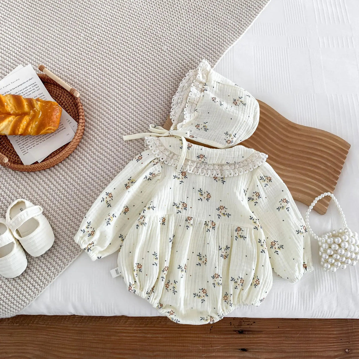 Lace Collar Baby Girl Romper with Bonnet, Cream Floral Long Sleeve Bubble One-Piece and Matching Hat for Spring Photos, Sizes 66-90