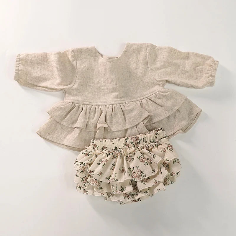 Baby Girl Bloomer Outfit Set with Vintage Lace Embroidery, Long Sleeve Cotton Top and Matching Shorts for Infants and Toddlers