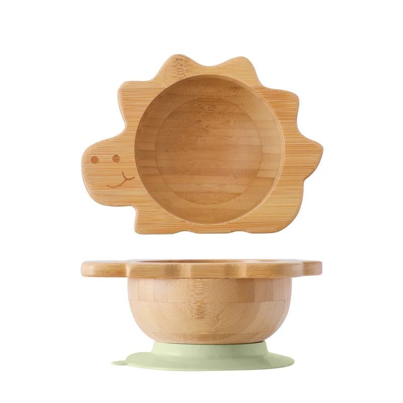 Bamboo Baby Suction Bowl and Tableware Options, Sun, Cloud and Dinosaur Designs with Single-Piece or 3-Piece Wooden-Handle Utensil Sets