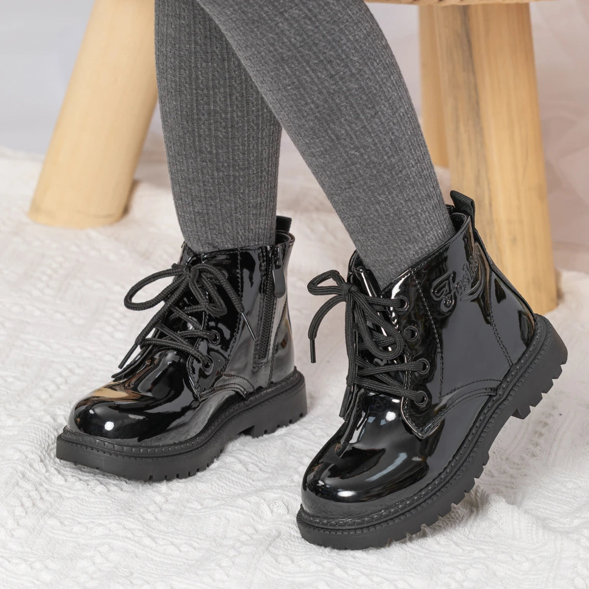 Kids PU Leather Combat Ankle Boots with Lace-Up Front, Side Zipper and Black Chunky Soles, Boys and Girls Fall Winter Shoes in Sizes 21-30