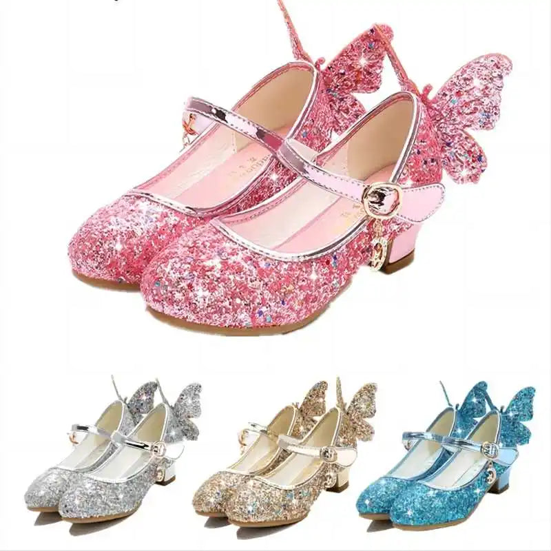 Girls Butterfly Glitter Dress Shoes with Sparkling Wing Accents, Buckled Strap and Block Heel for Princess Parties, Weddings and Special Outfits