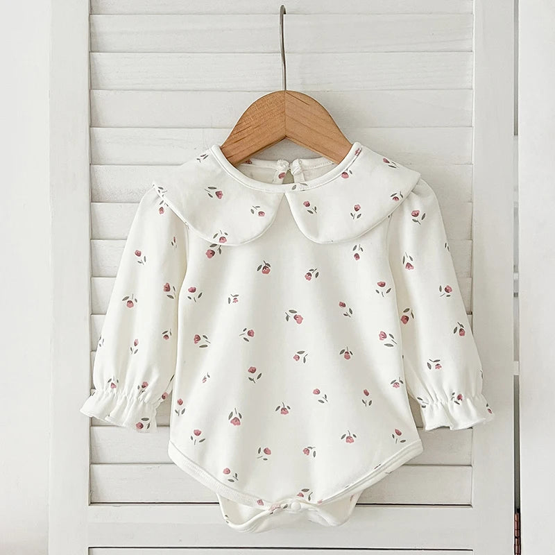 Lace Collar Baby Girl Romper with Bonnet, Cream Floral Long Sleeve Bubble One-Piece and Matching Hat for Spring Photos, Sizes 66-90