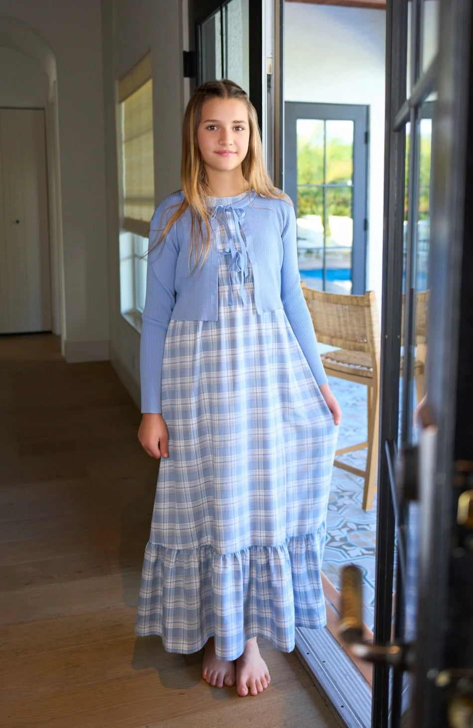 Blue Plaid Girls Maxi Dress and Tie-Front Knit Cardigan Options, Sleeveless Ruffle-Hem Dress or Cropped Long-Sleeve Layer for Teens