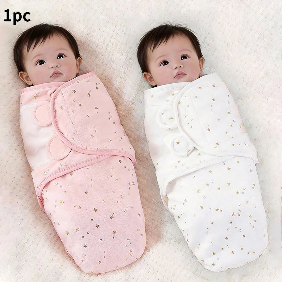 Gold Star Baby Swaddle Wrap for Newborns, Wrap Around Blanket with Overlapping Panels in White, Pink or Blue, Single Piece Nursery Gift