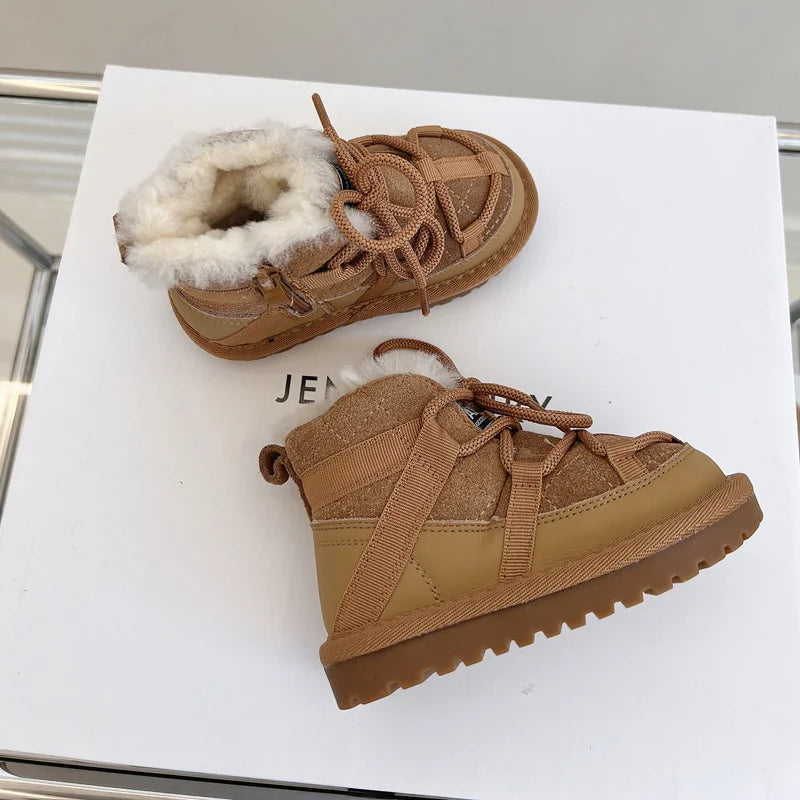 Plush-Lined Toddler Ankle Boots with Lace-Up Front and Side Zipper, Camel or Black Winter Shoes for Boys and Girls, Sizes 18-30