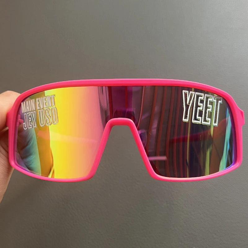YEET Graphic Sunglasses with Jey Uso Main Event Lettering, Colorful Shield-Style Fan Shades in Children's and Adult Options for Party Outfits