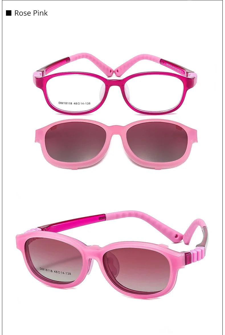 Children's 2-in-1 Sunglasses with Flexible Eyeglass Frame and Removable Sun Clip, Colorful Kids Shades for Summer Outings and Family Travel