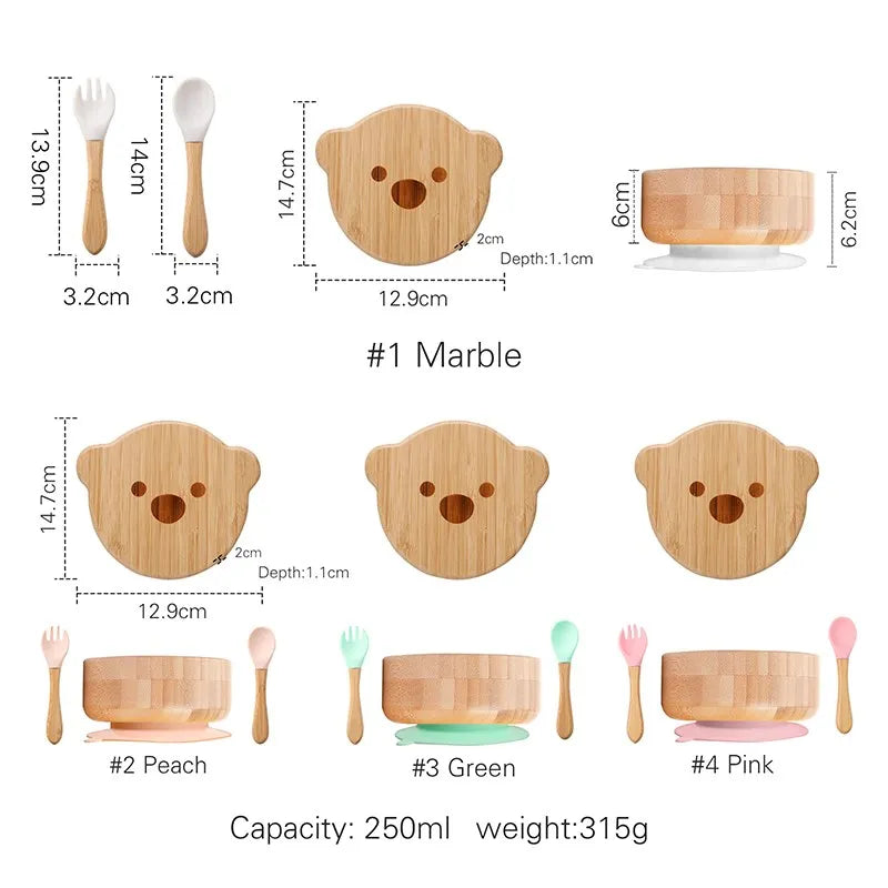 Bamboo Baby Tableware Set with Animal Plate Designs, Bowl, Cup and Wooden-Handle Utensil Options for Supervised Infant and Toddler Mealtimes