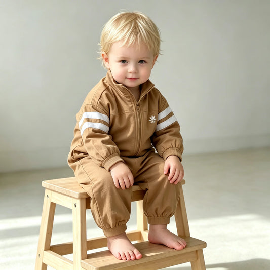 Baby Boys Sports Jumpsuit with Striped Sleeves and Front Zipper, Long Sleeve One-Piece Spring and Fall Outfit in Tan or Black
