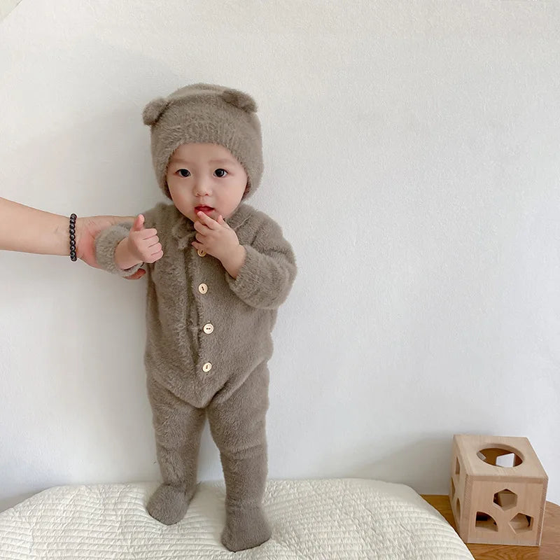 Plush Baby Jumpsuit with Front Buttons and Long Sleeves, Textured Fall Winter One-Piece Outfit for Boys and Girls in White, Camel, Pink or Grey