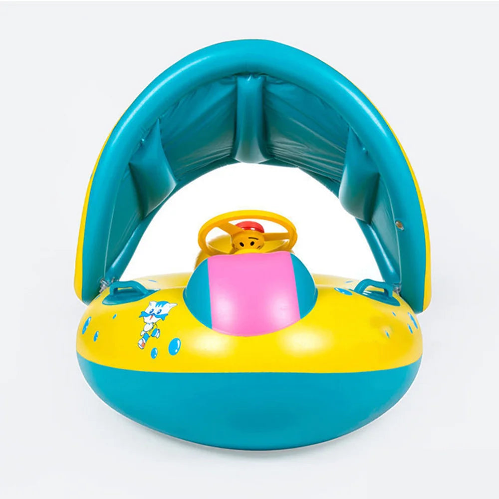 Yellow Baby Pool Float Seat with Sunshade and Steering Wheel, Inflatable Seated Swim Ring for Closely Supervised Summer Pool Play