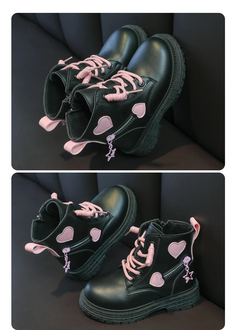 Girls Heart Ankle Boots with Lace-Up Front, Side Zipper and Star Accents, Pink or Black Fashion Shoes with Optional Plush Lining, Sizes 26–37