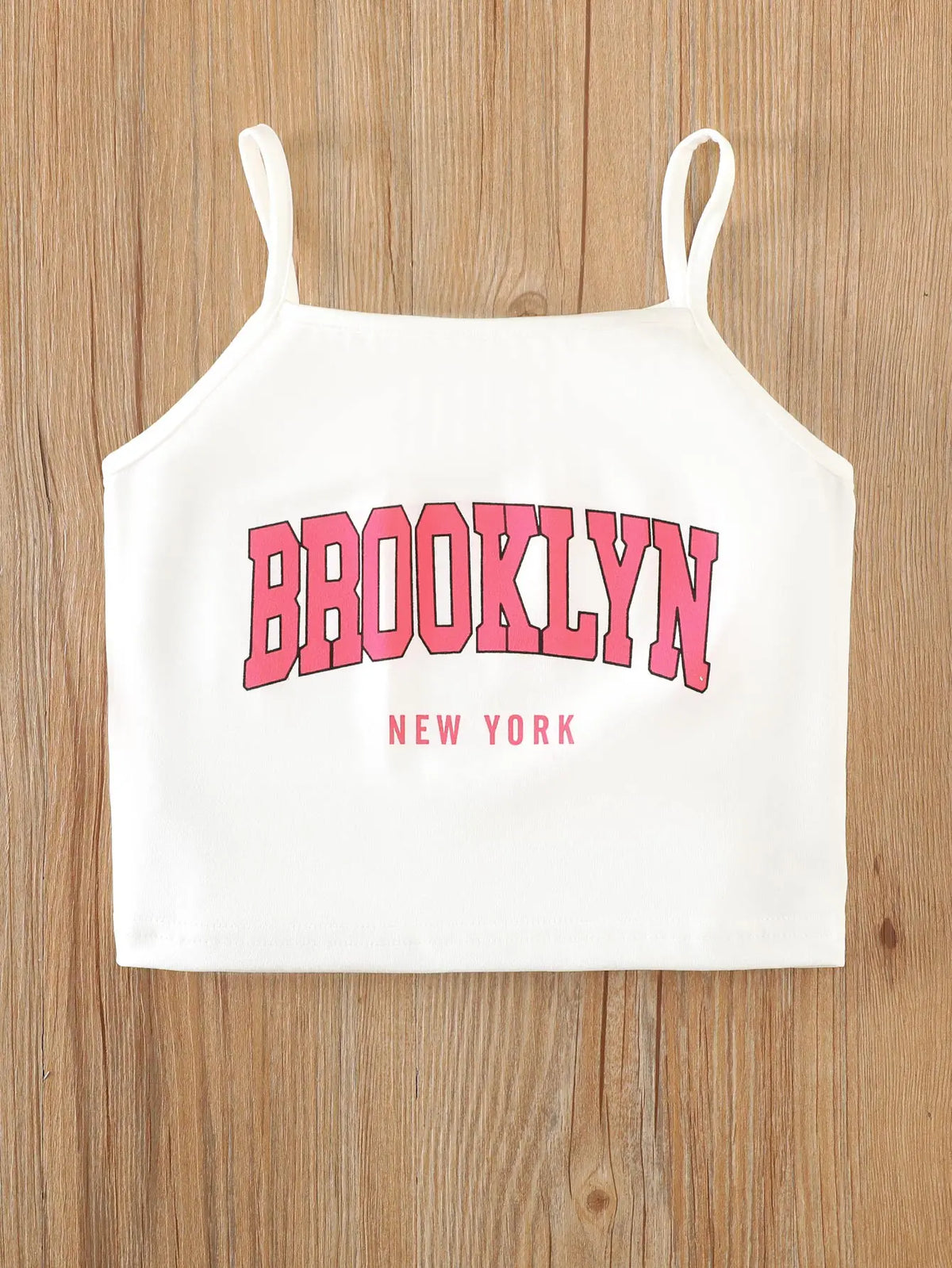 Girls Mesh Top and Shorts Outfit with Brooklyn Print Cami, Three-Piece Summer Set with Short Sleeves and Elastic Waist for Ages 8-12