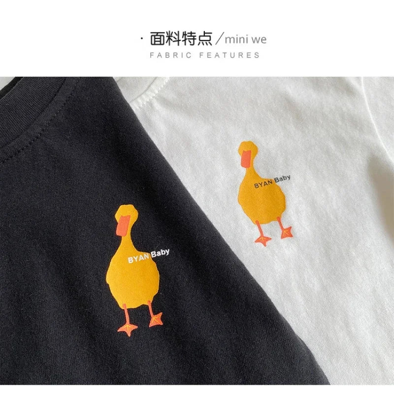 Duck Print Kids Long Sleeve T-Shirt with Crewneck and Letter Graphic, Loose Cotton Casual Top in White or Black for Spring Outfits, Sizes 90-140