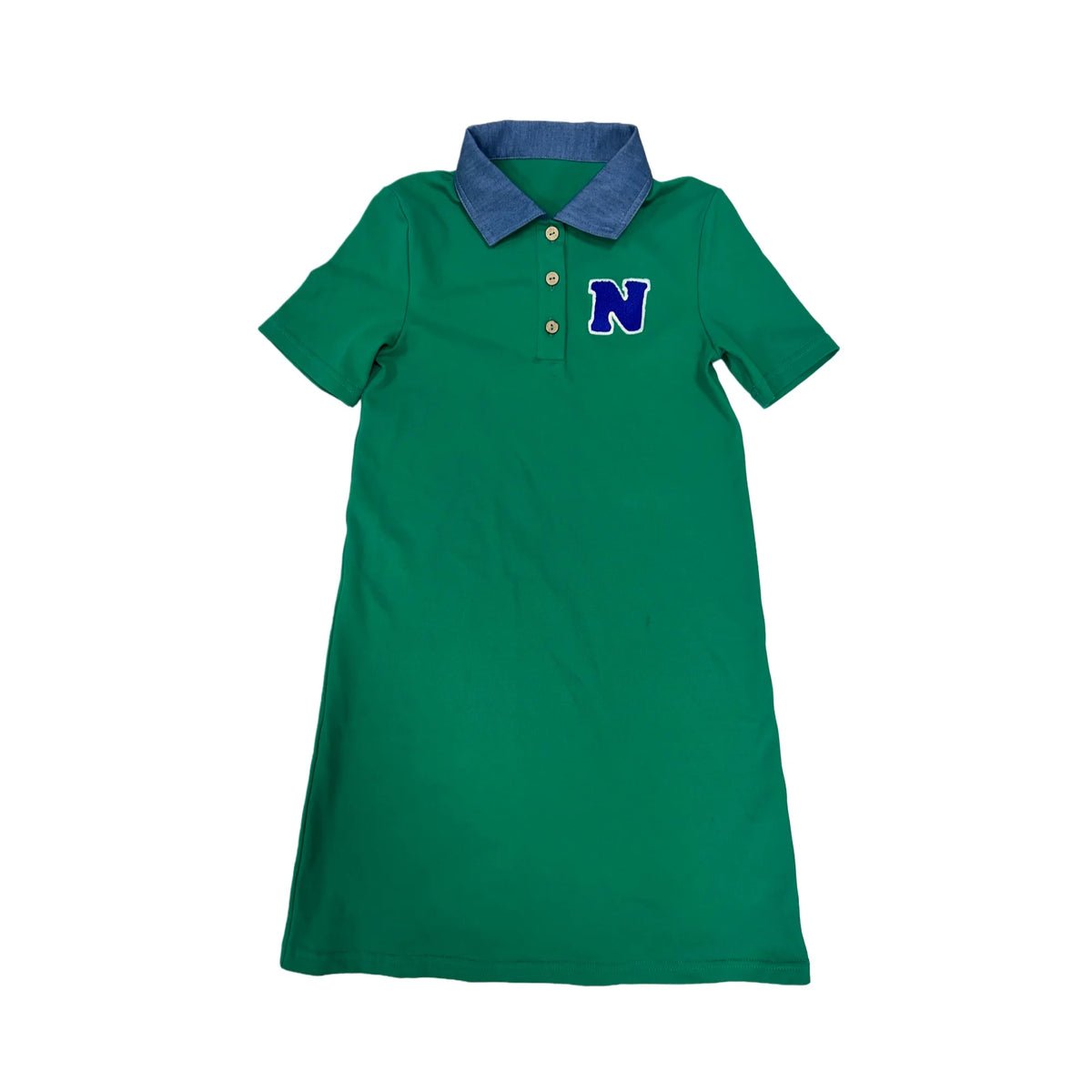 Green Polo Kids Outfits with Navy Letter Patch, Coordinating Girls Dresses, Boys Shirts and Shorts and Baby Girl Set Styles for Family Photos