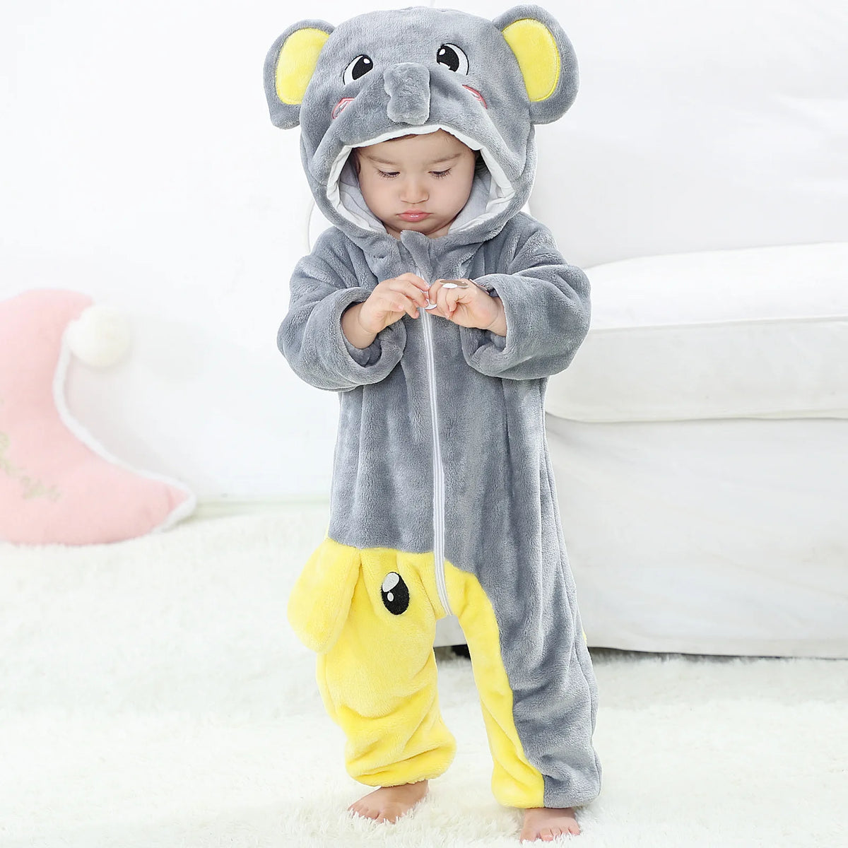 Baby Animal Hooded Costume Jumpsuit with Flannel Styling, Duck, Rabbit, Leopard and More Dress-Up Options for Boys and Girls, Sizes 70-120