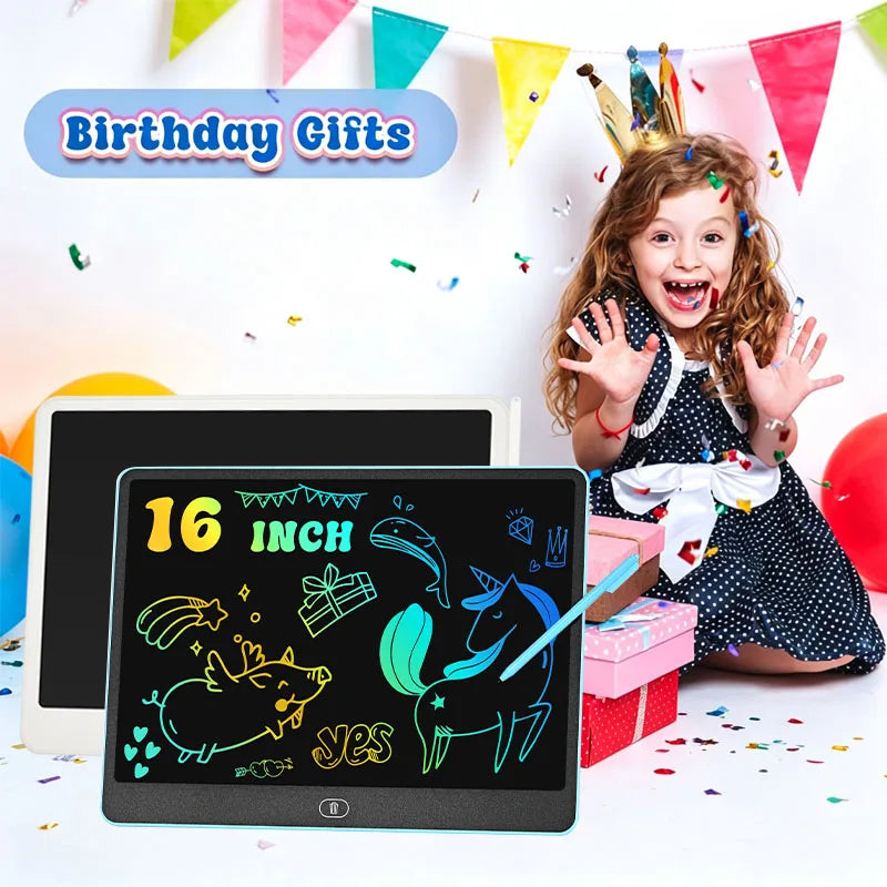 Erasable LCD Writing Board for Kids, 8, 11, 13 or 16 Inch Color Drawing Tablet with Stylus for Doodles, Handwriting and Number Practice