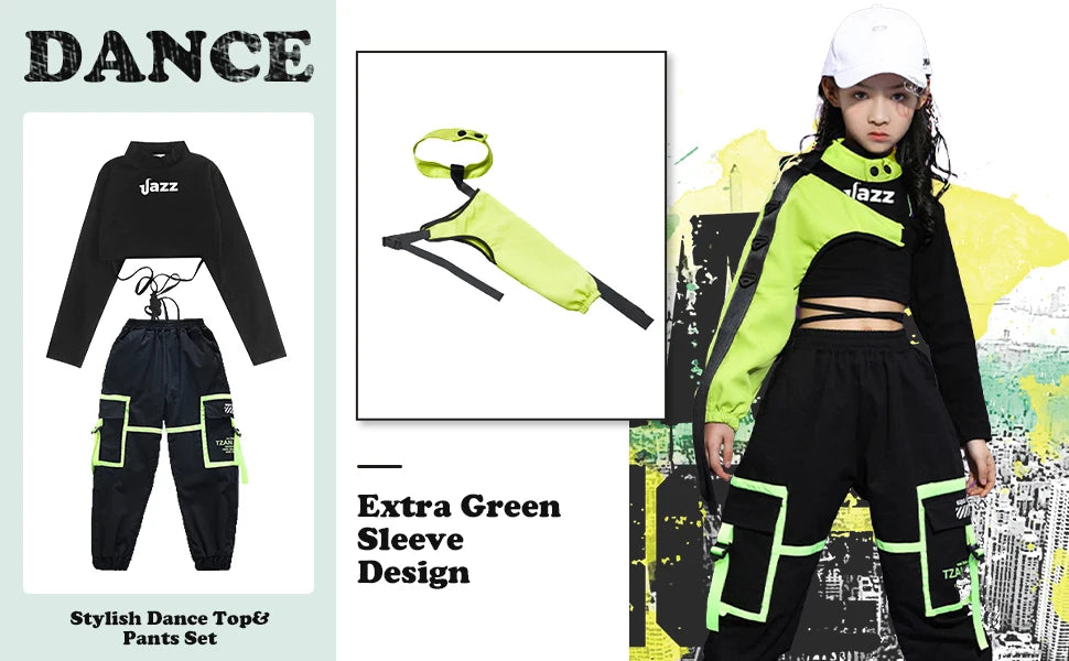 Girls Hip Hop Cargo Pants Dance Set with Crop Top and Decorative Sleeve, Three-Piece Colorblock Stage Outfit for Ages 4–16 by LOLANTA