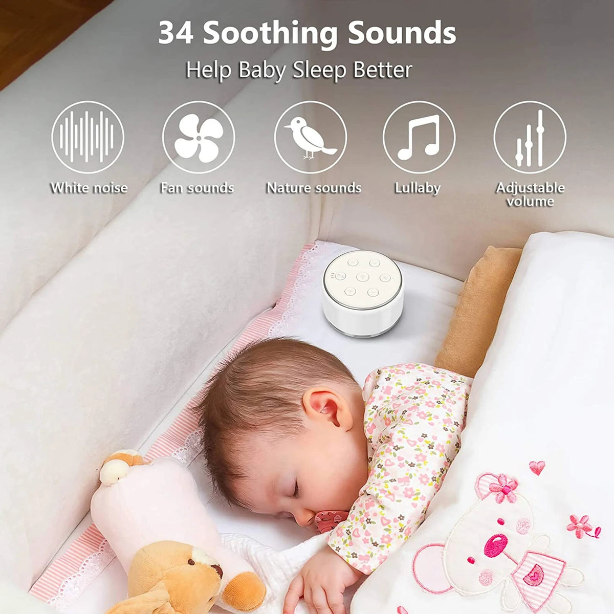 34-Sound White Noise Machine with 7-Color Dimmable Night Light, 32 Volume Levels, 30/60/90-Minute Timer and USB-C Rechargeable Battery