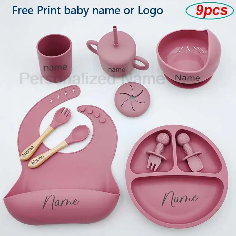 Nine-Piece Personalized Silicone Feeding Set with Suction Bowl, Divided Plate, Pocket Bib, Cups and Utensils for Supervised Baby Mealtimes
