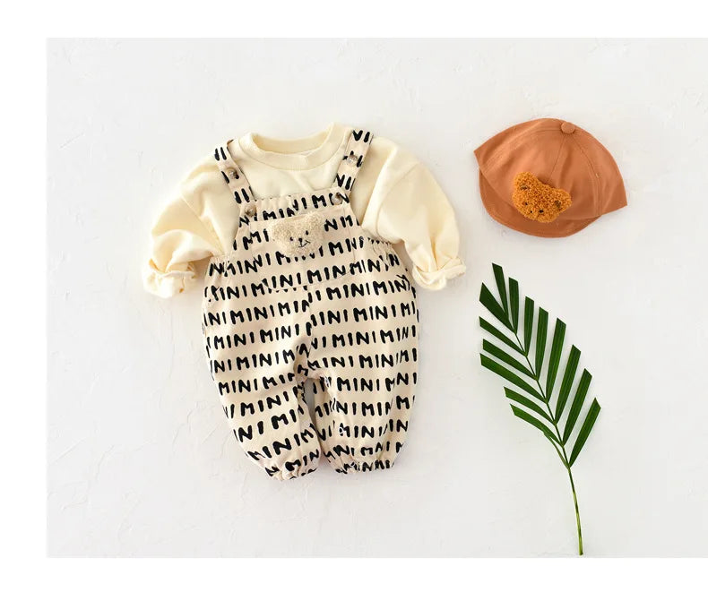 Baby Bear Patch Overalls with Red Stripe or Beige MINI Print, Button Shoulder Straps and Snap Legs, Loose-Fit Infant Jumpsuit for Boys and Girls
