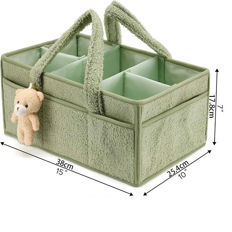 Plush Diaper Caddy with Carry Handles, Divided Compartments and Outer Pockets, Teddy Bear Nursery Organizer for Diapers and Baby Essentials