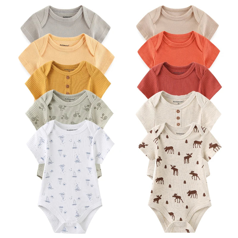 Infant Cotton Bodysuits 5-Pack with Short Sleeves and Envelope Shoulders, Solid Colors and Playful Prints for Baby Boys and Girls, Sizes 3M-12M