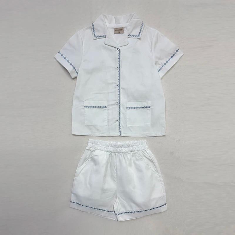 Matching Sibling Clothes with Classic Blue Trim, Shirts, Shorts, Overalls, Dresses and Cardigan Options for Baby Boys, Girls and Kids
