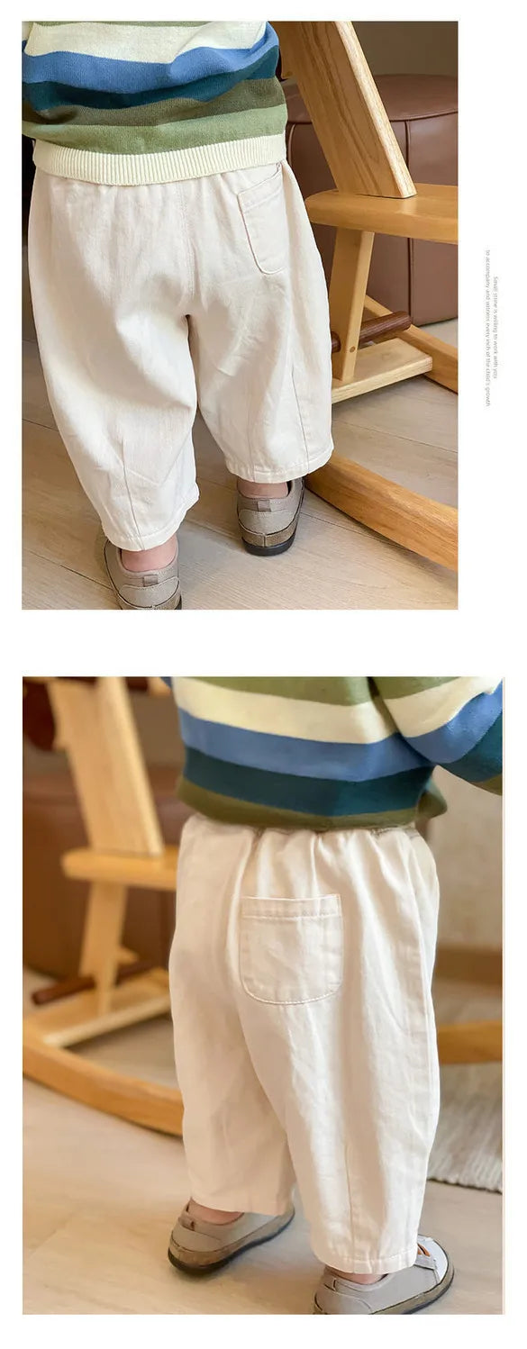 Elastic Waist Toddler Trousers with Loose Legs and Patch Pocket, Neutral Pull-On Pants for Boys and Girls in Beige Khaki and Carbon Gray, Sizes 12M-5T
