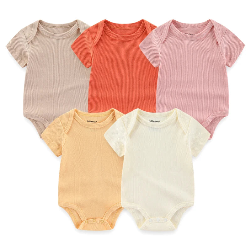 Cotton Baby Bodysuit Set of 5, Short Sleeve and Sleeveless Infant Clothing Styles with Solid Colors and Prints for Boys and Girls, 3M-12M