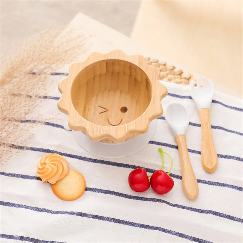 Bamboo Baby Suction Bowl and Tableware Options, Sun, Cloud and Dinosaur Designs with Single-Piece or 3-Piece Wooden-Handle Utensil Sets